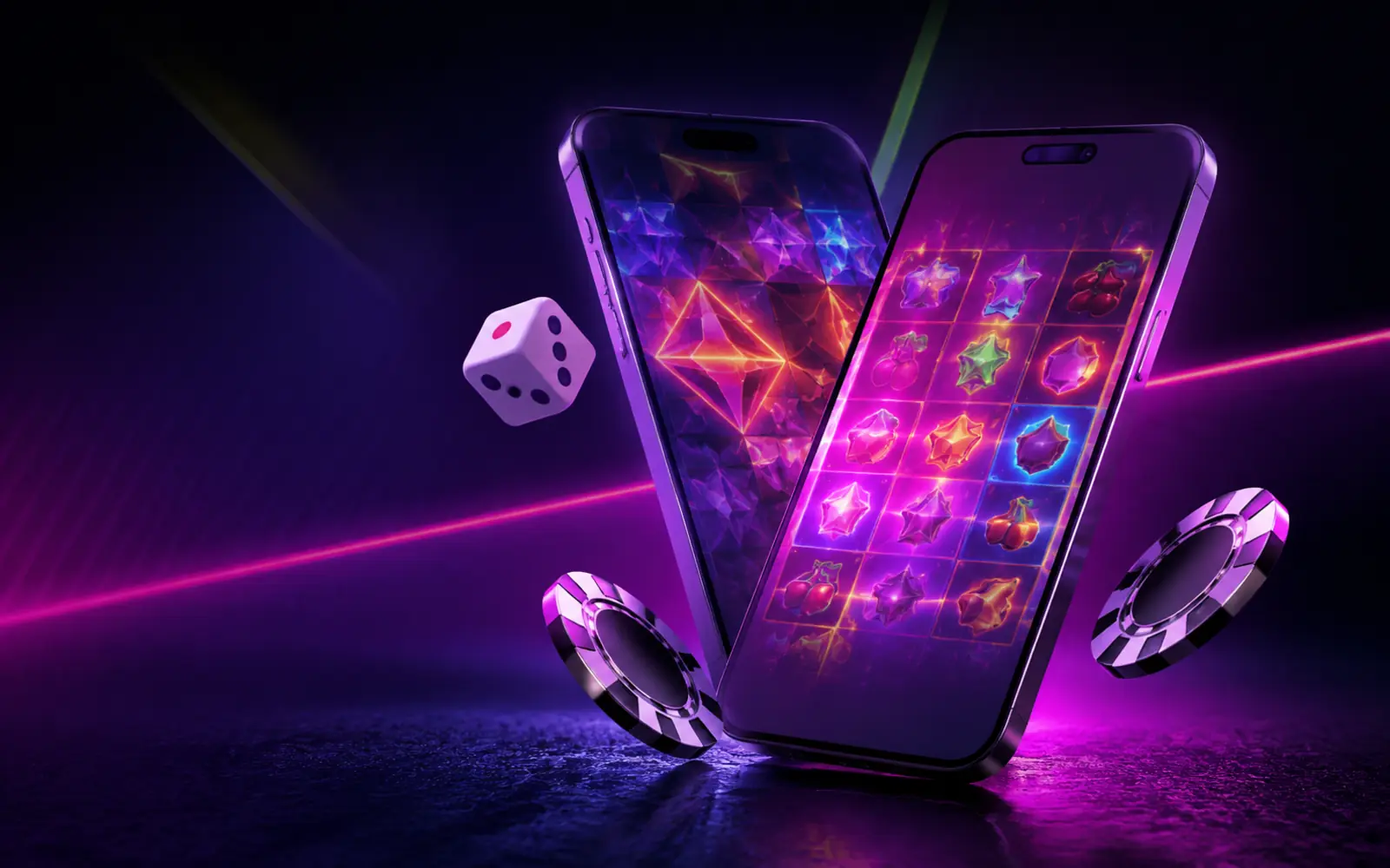 mobile Casino-Illustration mit zwei Smartphones, Würfel und Chips