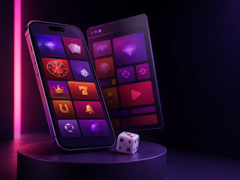 Illustration mit Smartphone, Browserfläche und Würfel auf violettem Podest