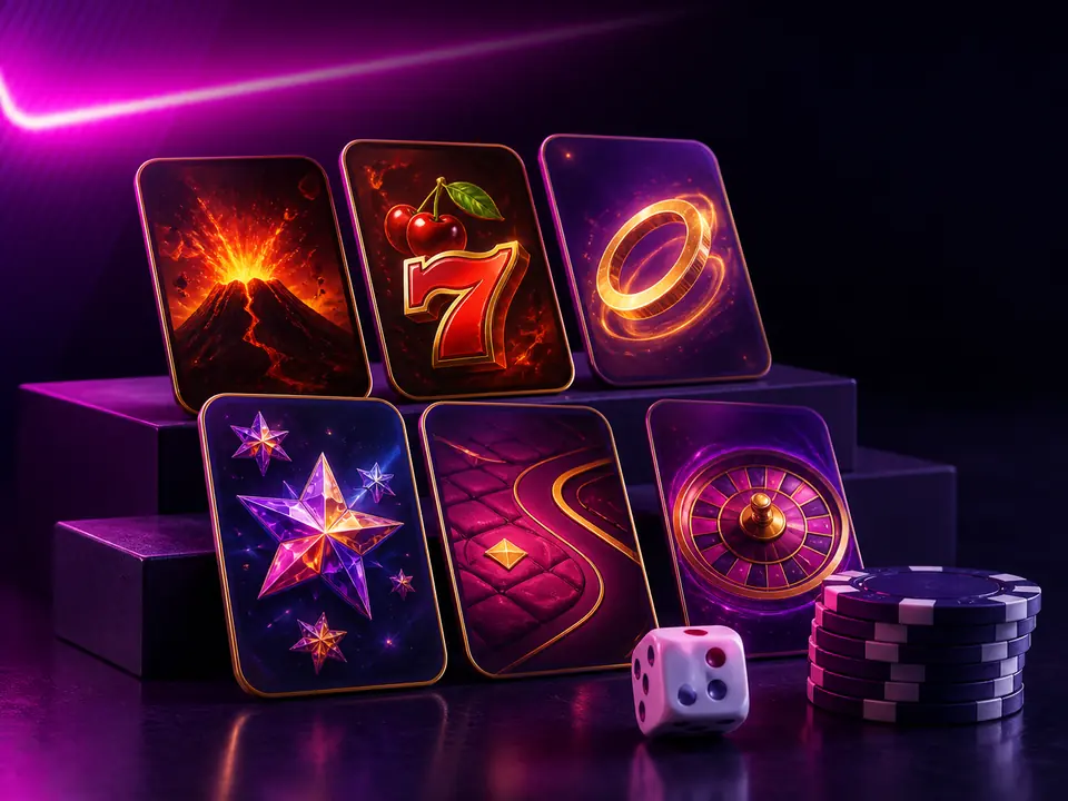 Casino-Stillleben-Illustration mit sechs Spielkarten, Würfel und Chips
